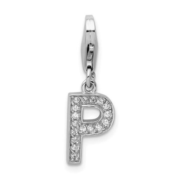 Amore La Vita Sterling Silver Rhodium-plated Polished CZ Letter P Initial Charm - Picture 1 of 4